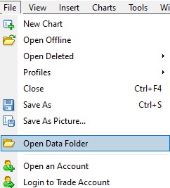 Screenshot of File menu in MT4 showing 'Open data folder'.