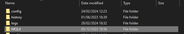Screenshot of MT4 MQL4 folder directory.