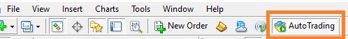 Screenshot of MT4 toolbar with AutoTrading button highlighted in green.