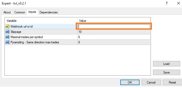 Screenshot of MT4 EA properties Inputs tab with Webhook ID field.