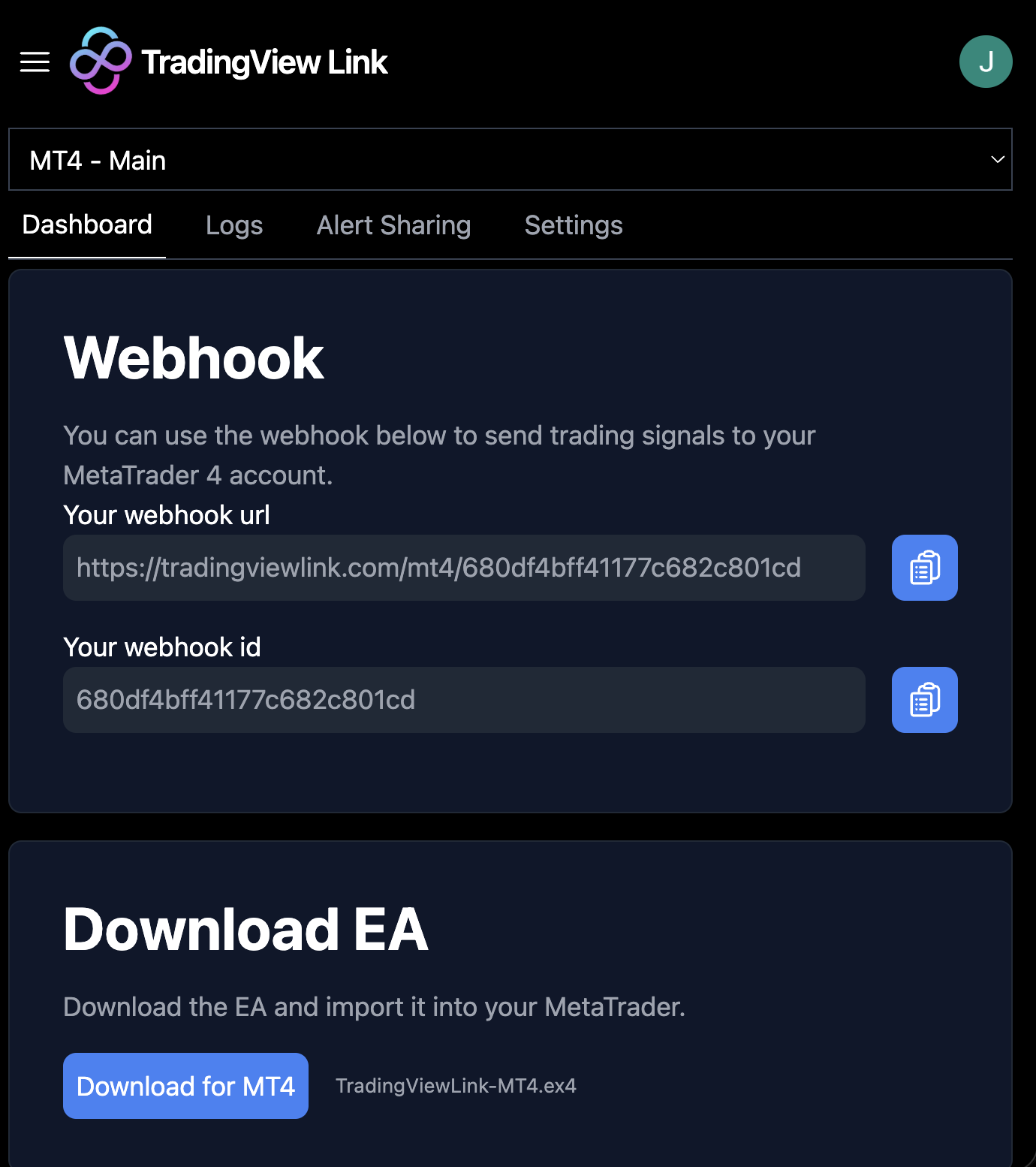 Screenshot of the 'Download EA' section for MT4 on the dashboard.