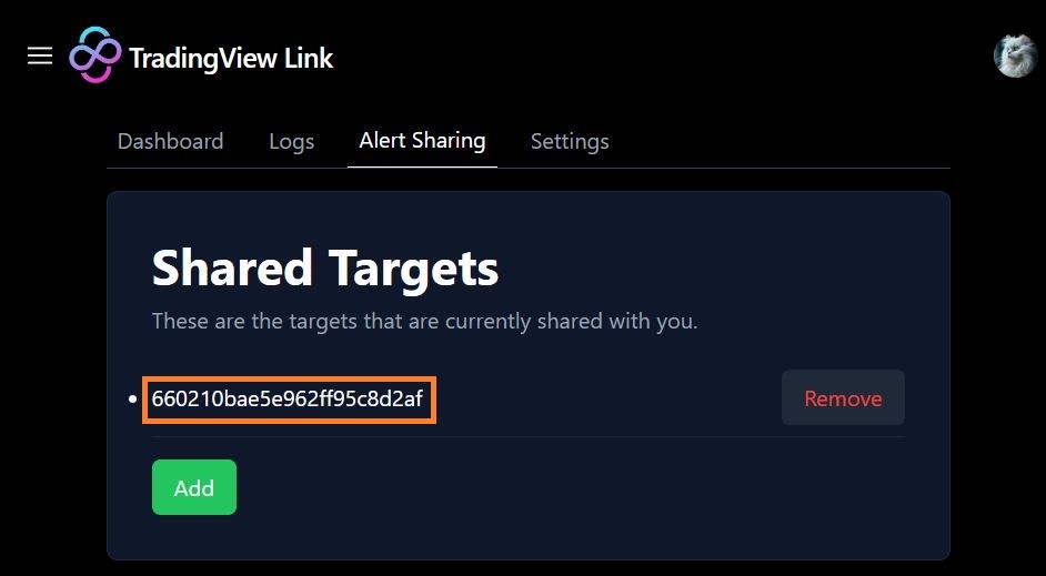 Screenshot of adding shared target in TradingView Link dashboard.