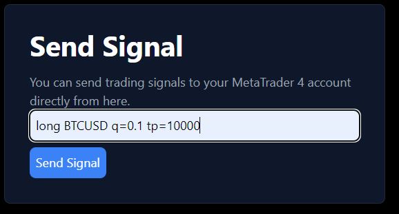 Screenshot of TradingView Link dashboard interface for sending manual orders via webpage.