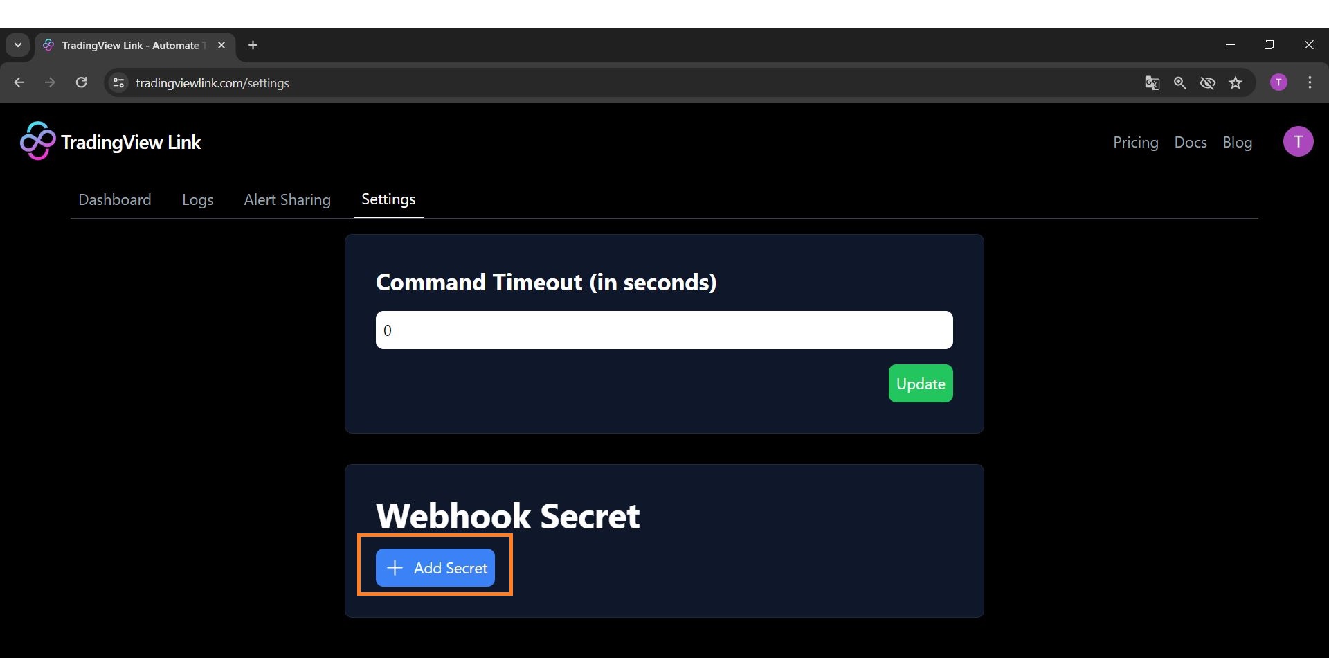 Screenshot of TradingView Link dashboard 'Add Secret' button for webhook password.