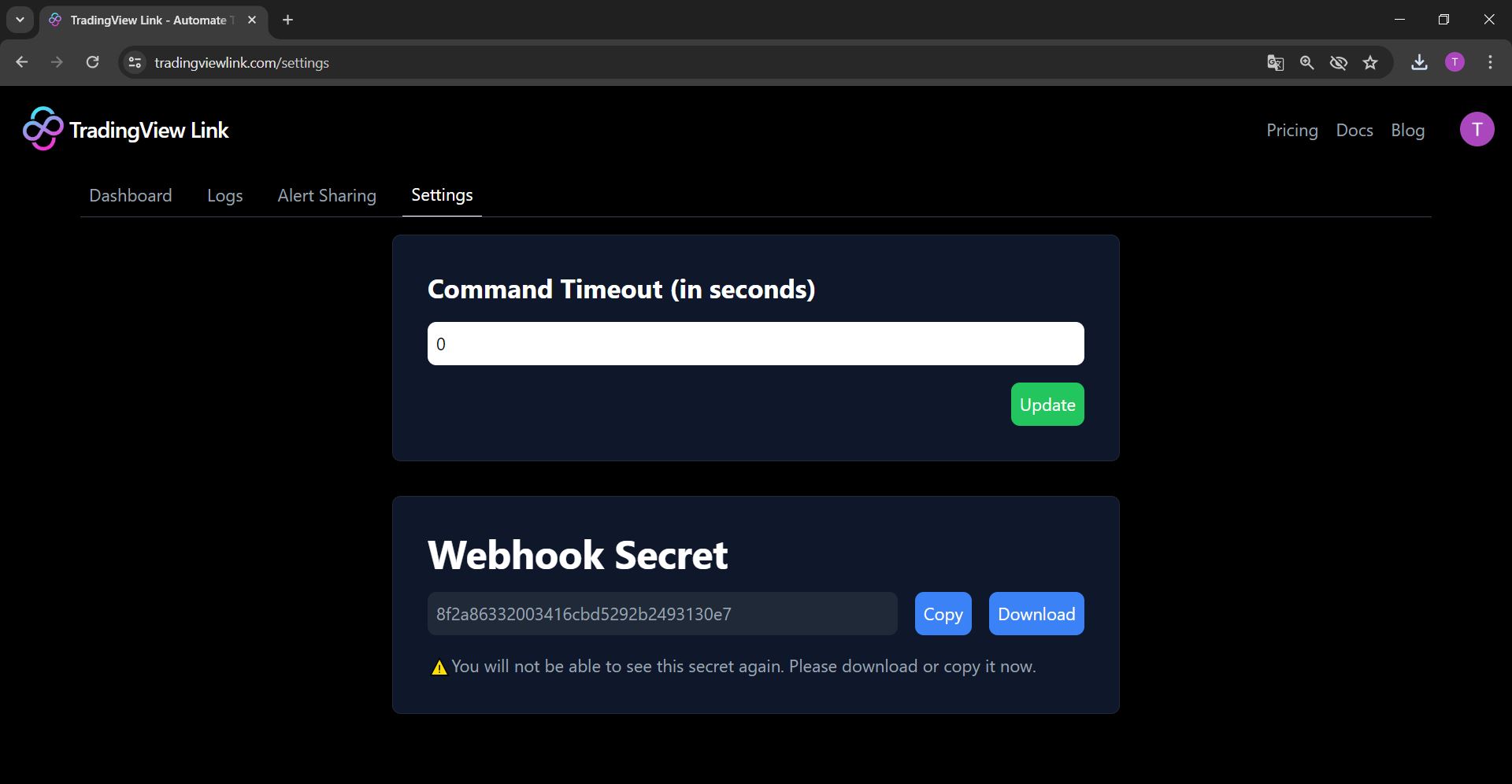 Screenshot of TradingView Link dashboard showing generated secret password.