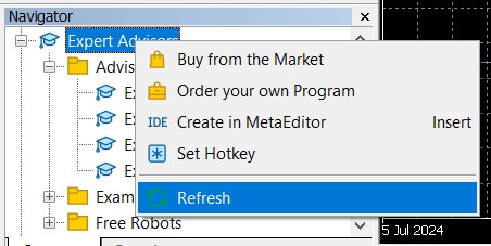 Screenshot of MT5 Navigator showing Expert Advisors list.