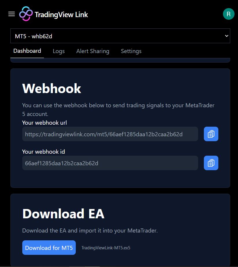 Screenshot of the download panel for the MT5 TradingView Link EA.