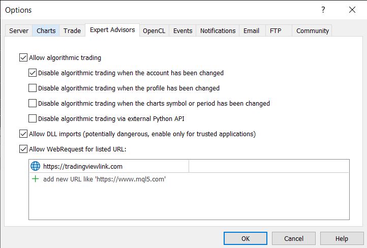 Screenshot of MT5 Options window showing Algo Trading and WebRequest settings enabled.