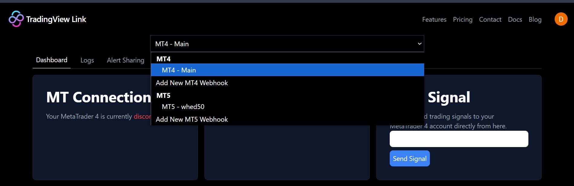 Screenshot of webhook selection area in TradingView Link dashboard for MT4.