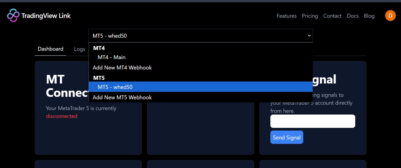 Screenshot of MT5 webhook selection in the TradingView Link dashboard.